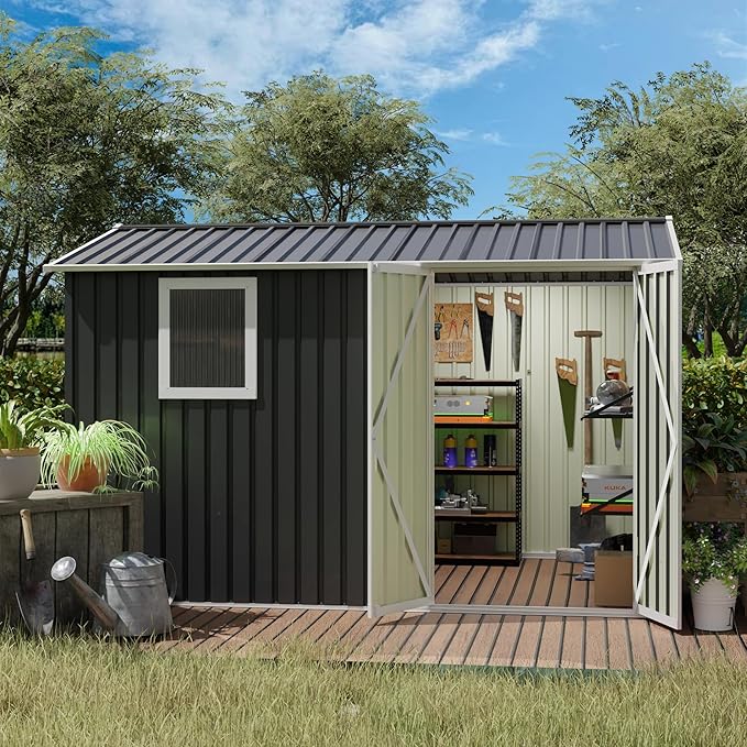 KEIKI 9x6 FT Metal Storage Shed with Window, Large Outdoor Backyard Shed for Tools & Equipment, Durable Galvanized Steel Garden Shed for Patio or Tiny House Use, Gray