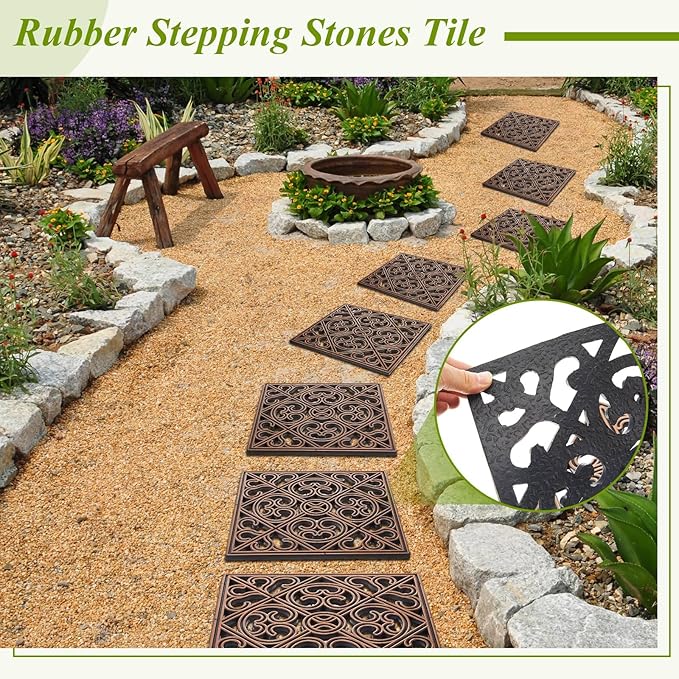 Pangda 8 Pcs Rubber Stepping Stones Outdoor Garden Walkway, 12 x 12 Inch Heavy Duty Pathway Pavers Retro Decorative Stepping Stones for Outside Landscaping Yard Lawn Path (Cross Square,Copper)