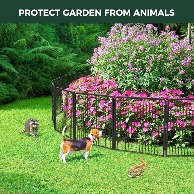 FXW Garden Fence Outdoor for the Yard – 32in(H) x 9.1ft(L) Heavy Duty Metal Animal Barrier for Dog, No Dig Decorative Dog Fence, 4 Panels, Black