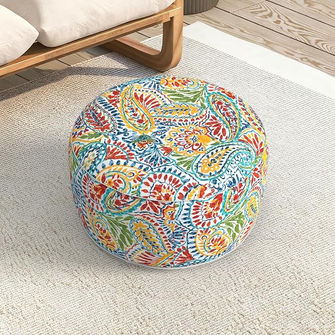 LVTXIII Indoor/Outdoor Large Inflatable Ottoman Pouf D31 x H14 Inch, Round Footstool with Handle, Weather-Resistant Portable Furniture for Patio, Camping, Beach, Paisley Multi