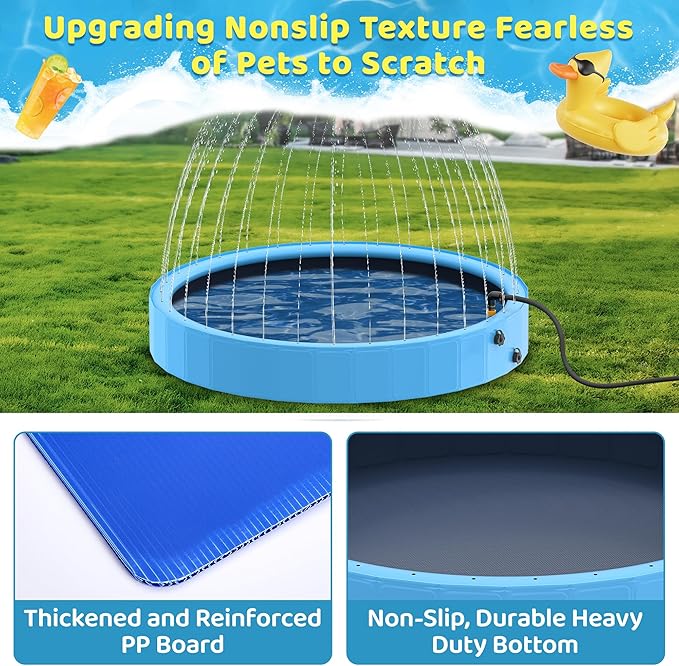Raxurt Dog Pool with Sprinkler, 97'' Foldable Dog Pools for Large Dogs, 2-in-1 PVC Non Slip Pet Bathing Tub for Outdoor Backyard, Blue