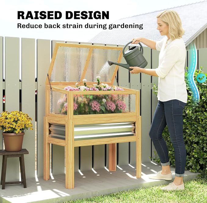 Outsunny Wooden Raised Garden Bed with Flip-Up Greenhouse Top, Raised Garden Bed with Legs and Bed Liner, Elevated Planter Box for Flowers, Vegetables, Herbs, Natural