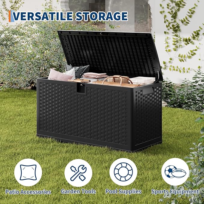 73 Gallon Outdoor Storage Box, Waterproof Resin Deck Box with Lockable Lid & Built in Handles, 270 LB Capacity, Weather Resistant Storage Bin for Patio Porch Garden Poolside, Black