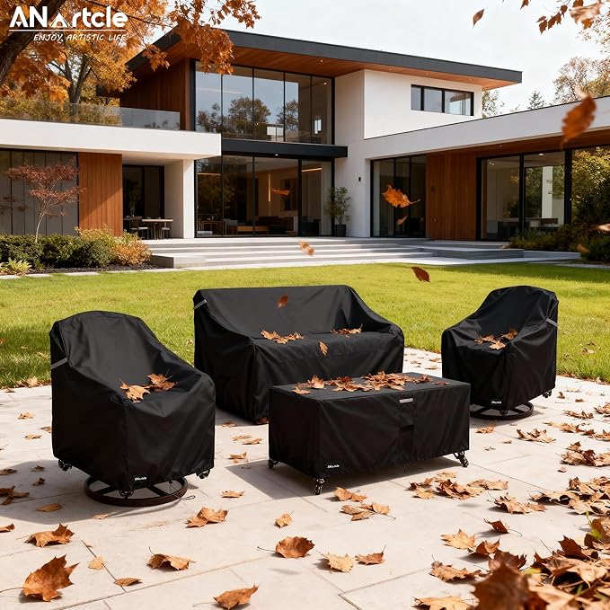 ANartcle Patio Furniture Covers 4 Piece Set, 600D Waterproof Heavy Duty Outdoor Furniture Covers,Fit Wicker Patio Loveseat, Swivel Rocker Chair and Coffee Table,Black