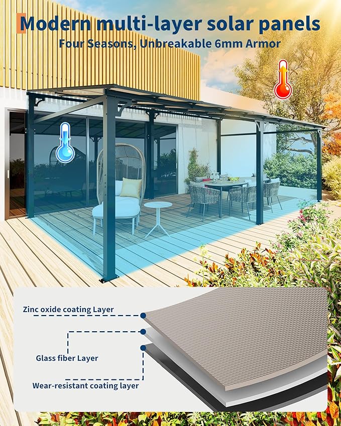 GarveeLife 10 ft x 14 ft Lean to Gazebo, Hardtop Wall Pergola with Polycarbonate Roof, Aluminum Frame Slant Mounted Gazebo for Lawn Patio Deck Yard and Party