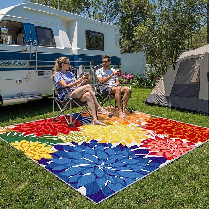 Colorful 6x9 Outdoor Area Rug Washable Multicolored Patio Rug Tropical Botanical Floral Chenille Waterproof Outdoor Carpet Non-Slip for Patio, Deck, Backyard, Porch, Rainbow