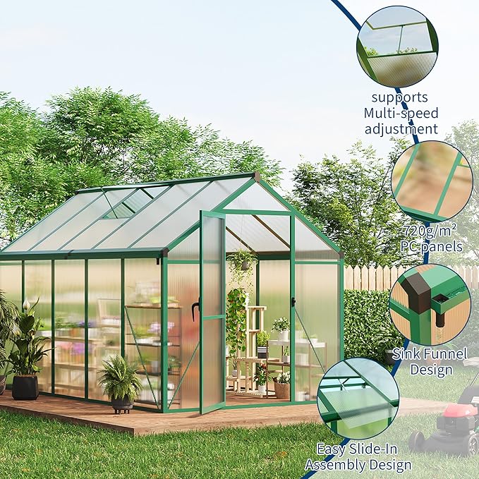 Garvee 6 x 10 ft Greenhouse, Greenhouses for Outside, Polycarbonate Greenhouse with Aluminum Frame, Lockable Door and Ajustable Roof Vent for Backyard, Green Houses for Outside Garden Backyard, Patio