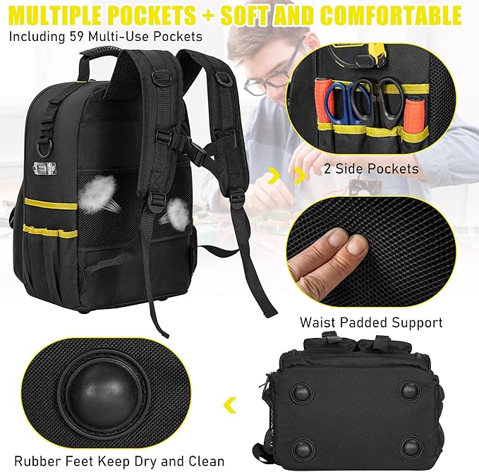 Tool Backpack for Men, Heavy Duty Tool Bag with Removable Tool Organizer, Durable Water-Resistant Work Backpack, Upgrade(Black & Yellow)
