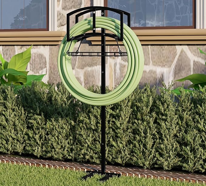 Garden Hose Holder with Storage Basket - Heavy-Duty Freestanding Hose Organizer, Black Powder-Coated, Detachable Design Holds 150FT Hose, Includes Assembly Tools for Lawn, Yard, and Garden