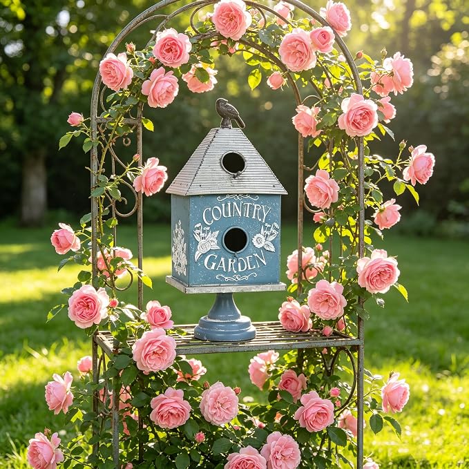 Rustic Blue Metal Bird House, Decorative Bird House with Country Garden Accents & Bird Topper, Standing Design Bird Home - Ideal Outdoor Garden Decor (Blue-Garden)
