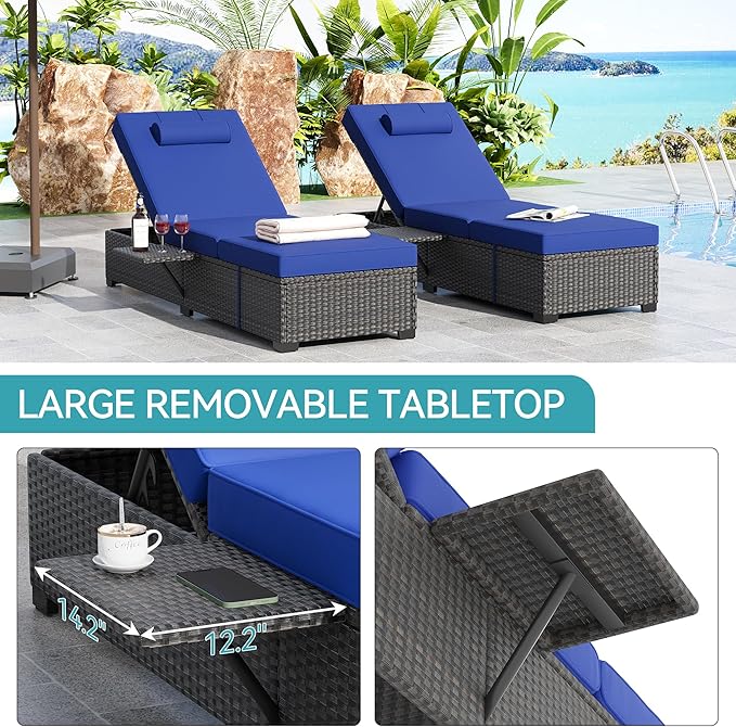 Garvee Outdoor Chaise Lounge Set of 2, 5-Position Adjustable Reclining PE Wicker Lounge Chairs with Cushions for Poolside, Garden, Patio, Backyard, Blue