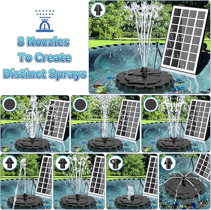 SZMP 3.5W Solar Fountain Pump, All-Glass Panel Solar Water Pump Kit with Stake & 4 Anti-Drift Rods, 9.8FT Cable 8 Nozzles for Bird Bath, Garden, Backyard, Fish Tank