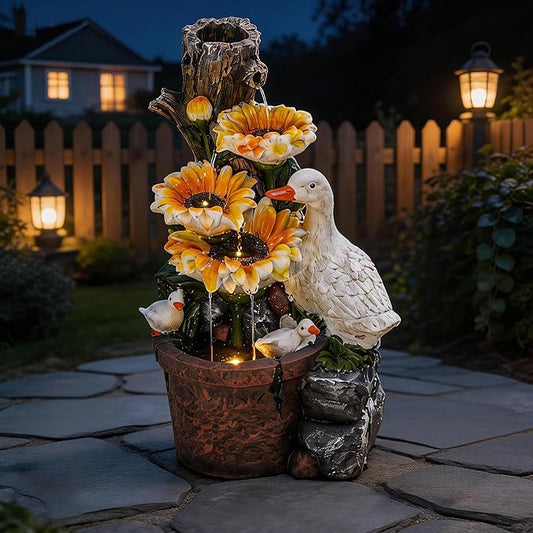 AUTODAYA 19" Water Fountain Indoor Outdoor, 4-Tier Sunflower & Duck Design with LED Lights and Cascading Waterfalls, Rustic Decor for Garden, Yard, Patio, Flowerbed & Farmhouse
