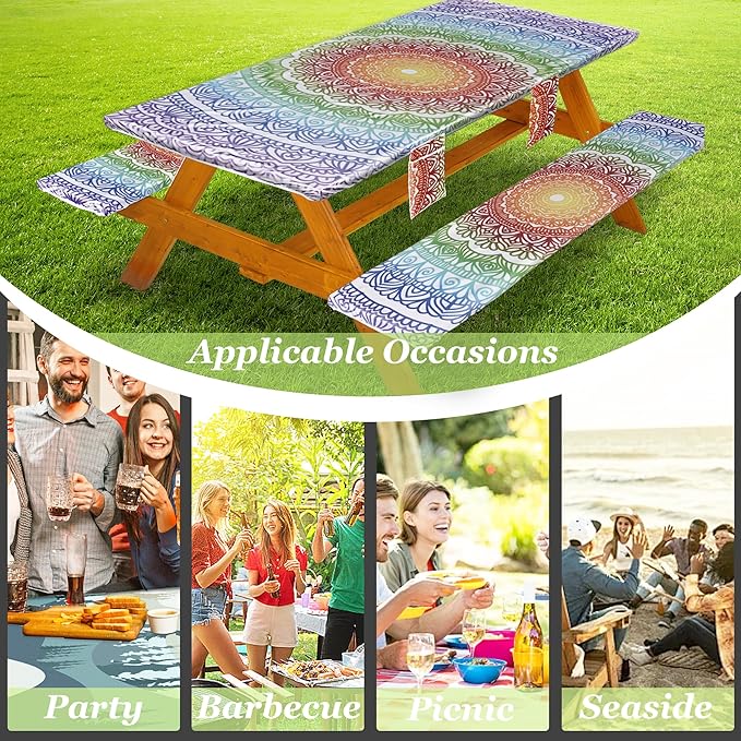 Picnic Table Cover with Bench Covers Vinyl Elastic Edges Fitted Rectangle Seat Tables Waterproof 3-Piece72X30in Set Outdoor Rectangular Folding Backing Tablecloth for Camping Over Size