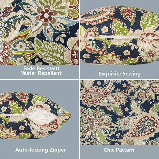 LVTXIII 2 Pack Outdoor Pillow Covers ONLY 18x18 Inch, Water-Repellent Square Decorative Cushion Covers for Patio Furniture, Garden, Sofa, Paisley Bloom