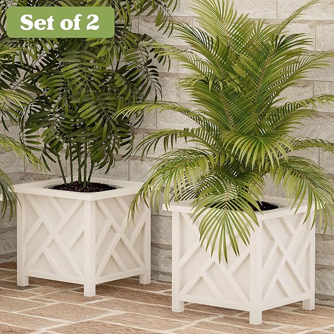 Lattice Design Outdoor Planter Box 2-Pack - 14.75” Square 13” Tall White Decorative Plant Pots for Front Porch Decor - Flower Pots Outdoor Planters for Porch Patio or Garden Decor by Pure Garden