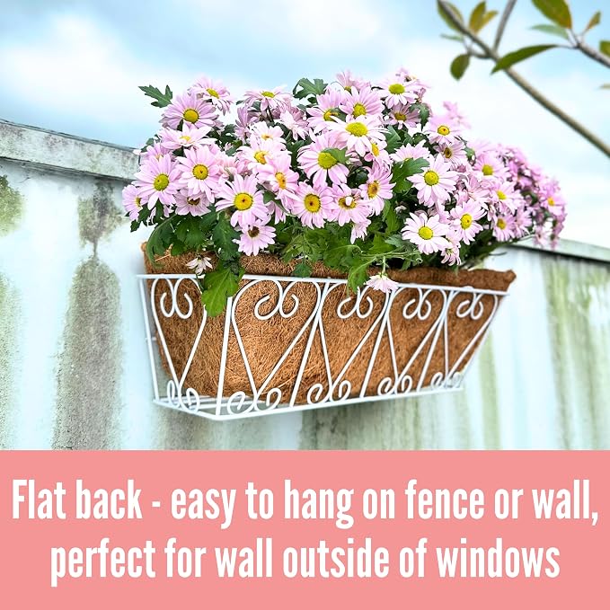 LaLaGreen Wall Hanging Planter - 2 Pack, 16 Inch Deck Railing Planter, Window Flower Boxes Basket Outdoor White Deck Railing Hanging Pot Coco Liner Metal Plant Holder Fence Planter Balcony Patio Porch