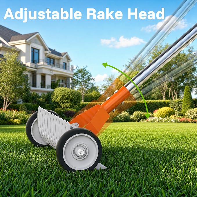 Thatch Rake for Lawn Dethatcher 15 Inch Heavy Duty Metal Rake with Wheels,Adjustable Long Handle Garden Rake for Loosening Soil Gathering Leaf