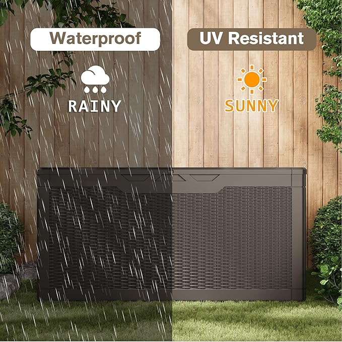JUMMICO 100 Gallon Resin Deck Box, Waterproof Outdoor Storage Box with Lockable Lid for Garden Tools, Patio Cushions (Brown)