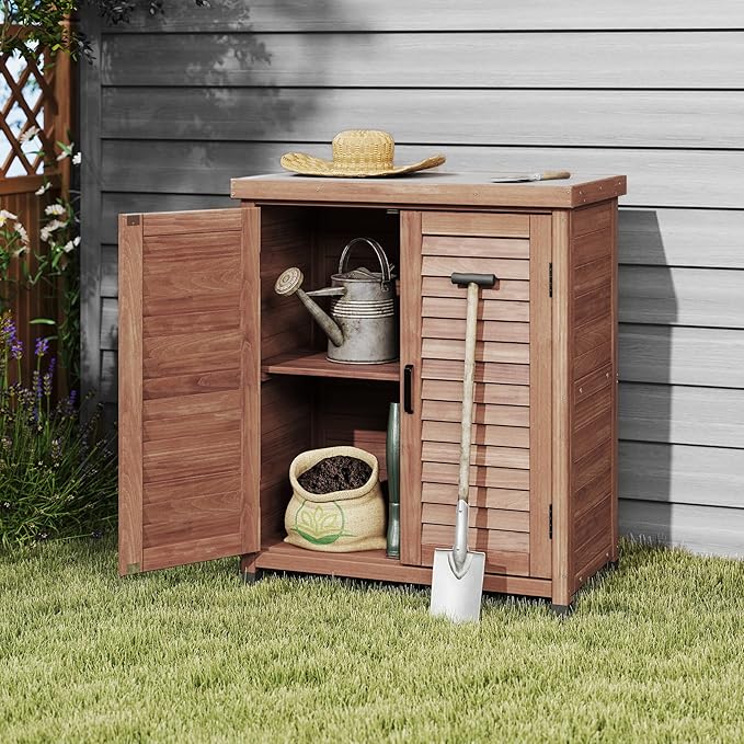 YOPTO Outdoor Wood Storage Cabinet,Garden Shed Tool with Metal Table Top, Backyard Waterproof Shelter W/Ventilated Screen Door & 2 Handles,2 Compartments,Workstation for Lawn,31x17x36'',Coffee