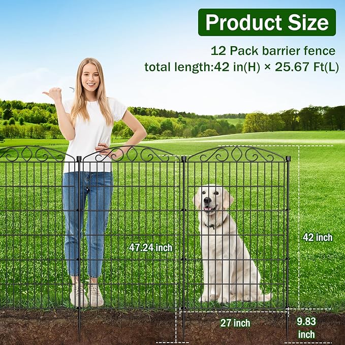 12 Panel No Dig Decorative Garden Fence - 42in H x 25.67 ft L, Tall Animal Barrier for Dogs Rabbits, Rustproof Metal Wire Panels for Yard, Patio, and Outdoor Border Use