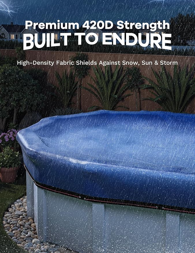 POOLHACKER 18x33 FT Oval Pool Cover – 420D Extra Thick Winter Pool Cover for Above Ground Pools, 4 Ft Overlap with Pulley & Cable