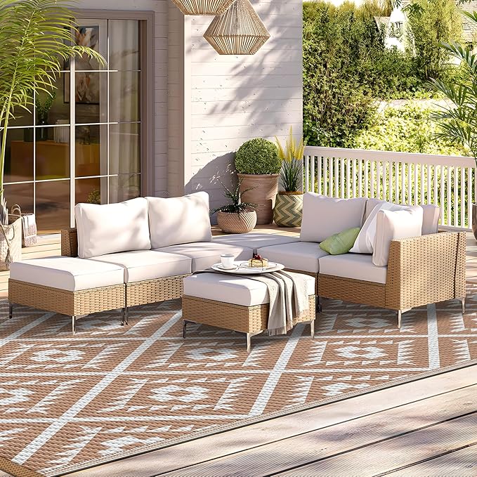 COOLTOP 9'x12’ Outdoor Rug for Patios Porches, Waterproof Plastic Camping Rugs, Modern Reversible Mat, Large Area Rugs for Backyard, Deck, RV, Balcony, Picnic, Beach, Khaki & White