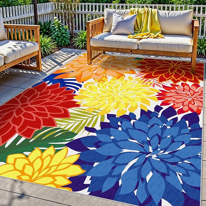 Colorful 4x6 Outdoor Area Rug Washable Rugs Multicolored Patio Rug Tropical Botanical Floral Chenille Outdoor Carpet Non Slip for RV, Pool Deck, Backyard, Porch, Rainbow