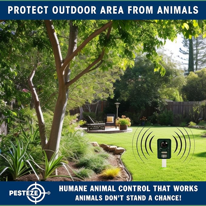 PESTEZE USA Solar Ultrasonic Animal Repellent – Detects & Deters Unwanted Skunk, Deer, Coyote, Fox, Wolf, Rabbit, Raccoon & Birds Using Motion Activation; Outdoor Pest Protection for Yards & Livestock