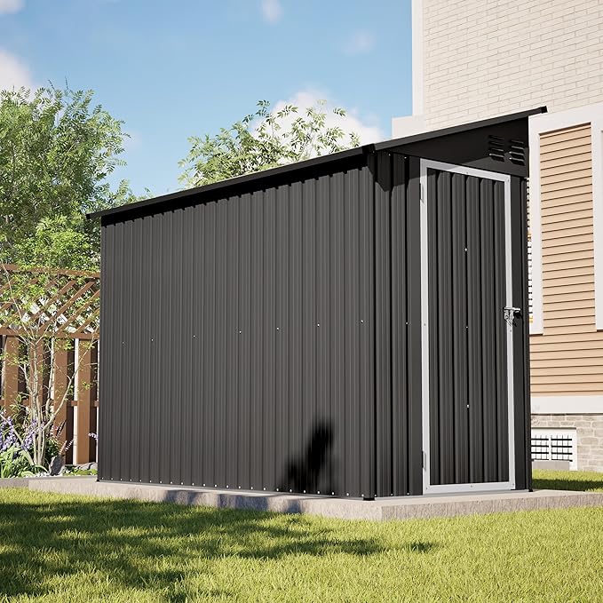 YOPTO 4×8 FT Lean to Metal Shed,Outdoor Heavy-Duty Storage Shed with Floor Base,All Weather Waterproof Garden Tool House W/Lockable Door&2 Air Vent,Reversible Door Design,for Backyard,Patio,Lawn,Black