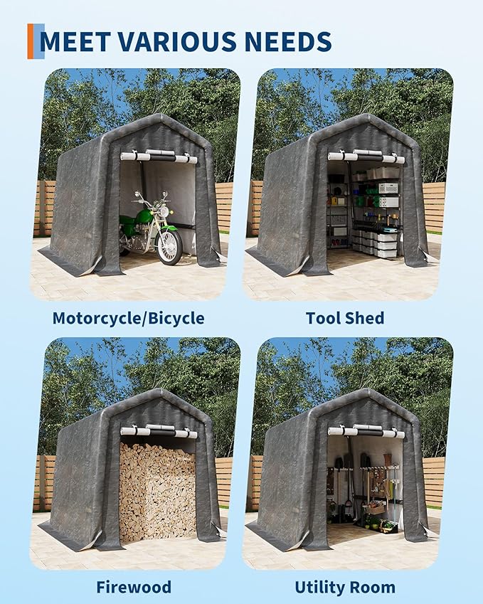 GarveeLife Outdoor Portable Storage Shed with Roll-Up Door & Vent, 240G Heavy-Duty Shelter Waterproof PE Tarp, UV-Resistant Storage Sheds for Motorcycle, Firewood, Garden and Tools (Gray, 6'x8')