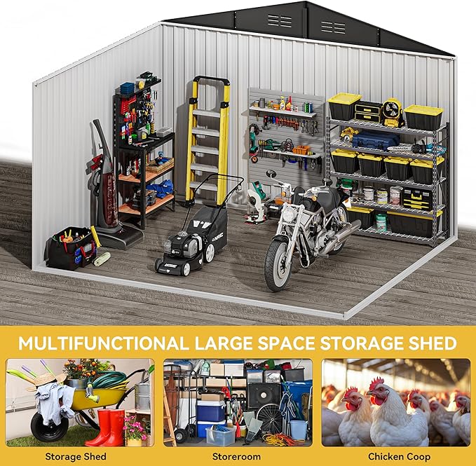 DWVO 10x8ft Outdoor Storage Shed, Large Metal Tool Sheds, Heavy Duty Storage House with Lockable Doors & Air Vent for Backyard Patio Lawn to Store Bikes, Tools, Lawnmowers, Dark Gray