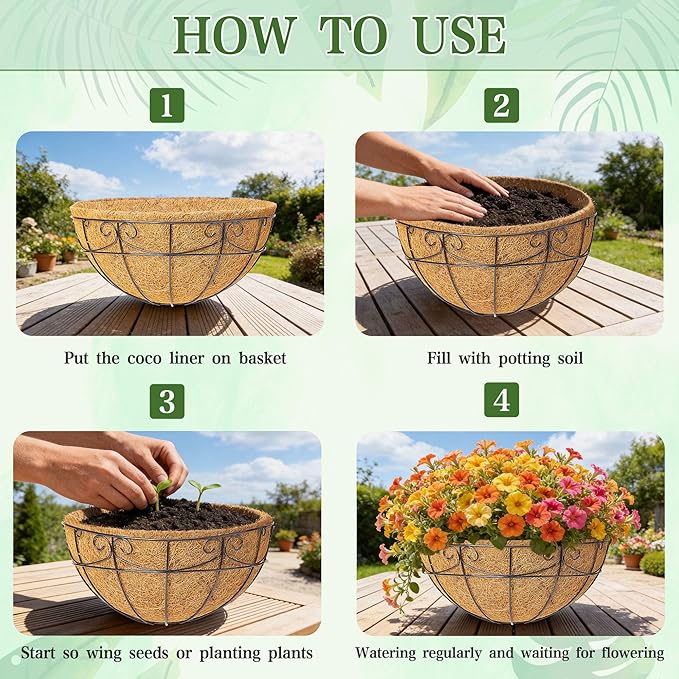 4 Pack 13.5 Inch Hanging Baskets for Plants Outdoor - Metal Hanging Planters for Outdoor Plants with Coco Liners - Heavy Duty Empty Hanging Flower Pots for Porch Patio Garden