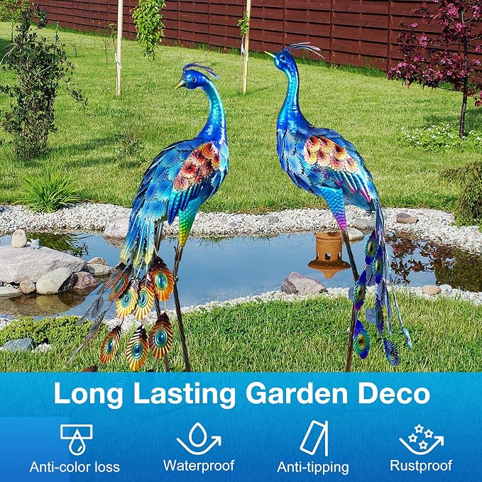 33.4“ Lifelike Metal Peacock Garden Sculptures Set of 2 - Hand-Painted Garden Peacock Sculpture Art and Durable Yard Art Outdoor - Garden Large Peacock Decorations for Patio Lawn or Backyard