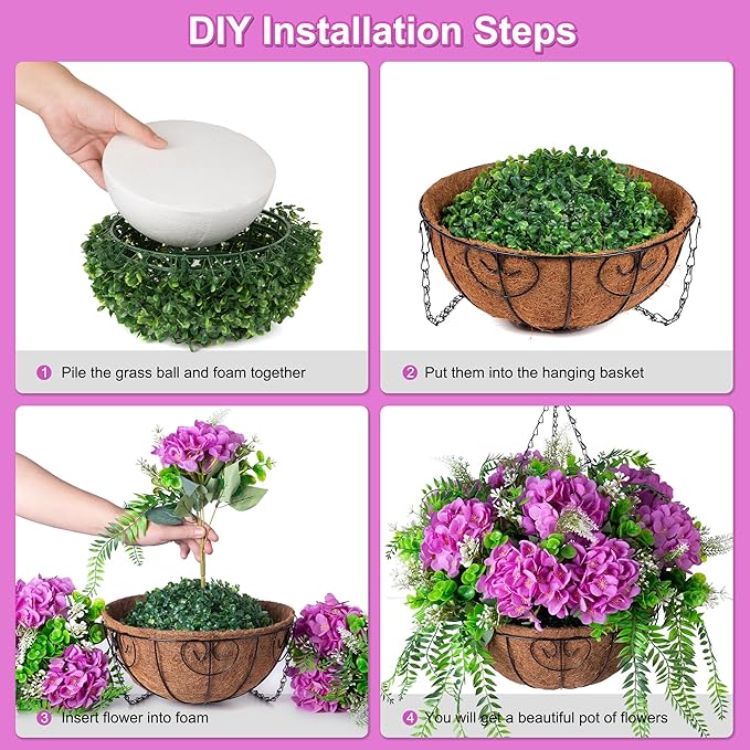 Ammyoo Artificial Flowers in Hanging Basket Planter for Home Spring Summer Decoration, Silk Hydrangea Outdoor Indoor Arrangements, 12" Metal Coconut Lining Basket with Faux Plant(Purple)