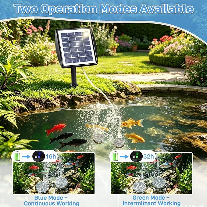 Yeomi Solar Aerator for Pond, 2W All-in-One Solar Air Pump, 2 Modes (16H/32H), Outdoor Solar Pond Aerator for Small Pond, Fish Pond, Fish Tank, Outdoor Fishing