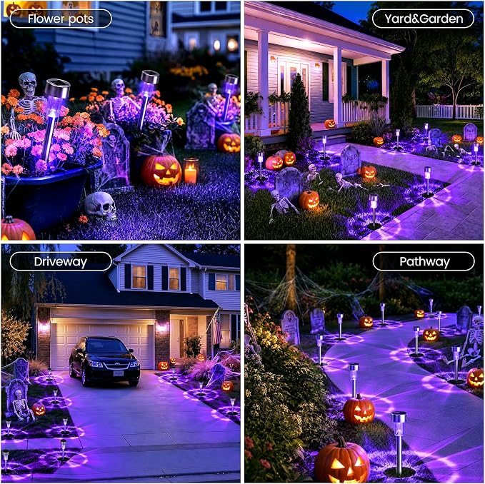 GIGALUMI Purple Solar Pathway Lights, 20-Pack Outdoor Halloween Decor | Waterproof LED stainless stakes for yard, garden & driveway. Purple glow sets spooky mood. Durable & easy install.