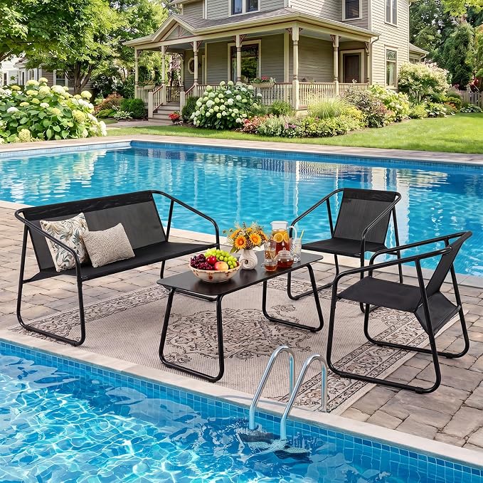 DUMOS 4 Piece Patio Furniture Set，Outdoor Patio Furniture Set with Table, patios Table and Chairs Sets, Sectional Bistro Sets for Lawn, Garden, Pool, Balcony, Poolside