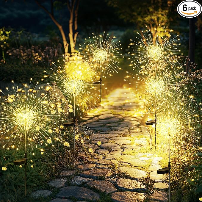 GIGALUMI Garden Decor Outdoor Lights 120LED 6Pack, Solar Garden Lights Outside Fairy Firework Decorative,Solar Powered for Yard Pathway Flowerbed Planter Balcony Patio 4th of July Decor (Warm White