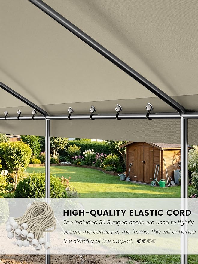 10 x 20 Ft Carport Replacement Cover, Heavy Duty Outdoor Car Tarp Canopy, Waterproof & UV Protected Tear Oxford Tarp with Ball Bungees (Frame is Not Included)