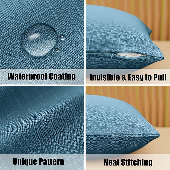 NiNi ALL Pack of 2 Decorative Outdoor Waterproof Pillow Covers Square Garden Linen Textured Cushion Sham Throw Pillowcase Set of 2 for Patio Farmhouse Garden Tent Couch 18x18 Inch Dark Blue
