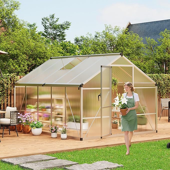 Garvee 8 x 10 ft Greenhouse, Greenhouses for Outside, Polycarbonate Greenhouse with Aluminum Frame, Lockable Door and Ajustable Roof Vent for Backyard, Green Houses for Outside Garden Backyard, Patio