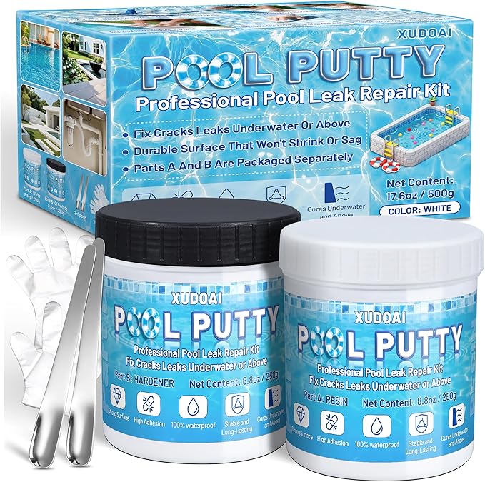 Pool Putty, 17.6oz/500g 2 Part Epoxy Pool Putty for Underwater or Above-Water Crack Leak Filling and Repair, Sealing and Repair of Holes and Damage in Fiberglass, Concrete and Tile Surfaces (White)
