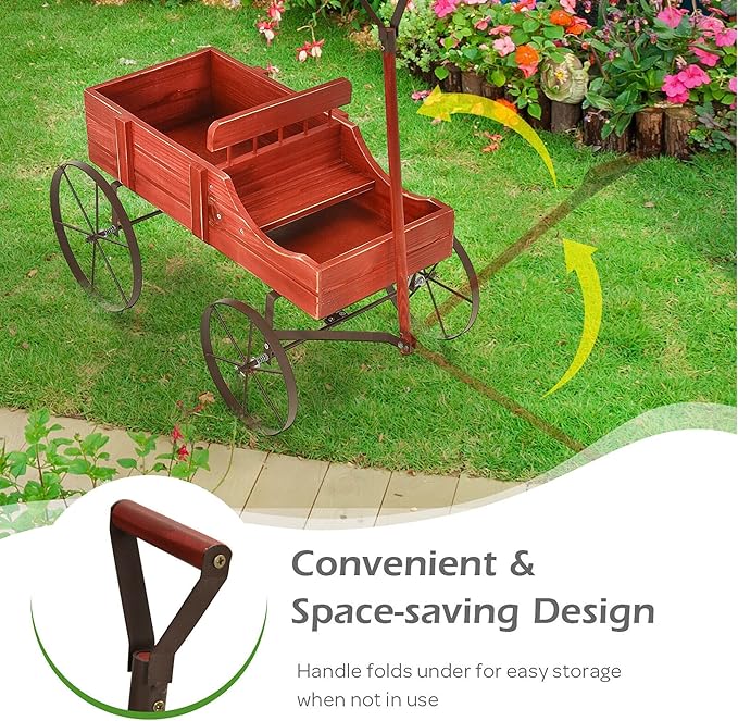 DORTALA Wood Wagon Planter, Outdoor Garden Flower Planter Cart with Wheels, Small Decorative Wood Raised Bed Plant Pot Box Stand for Backyard, Patio, Balcony, Red