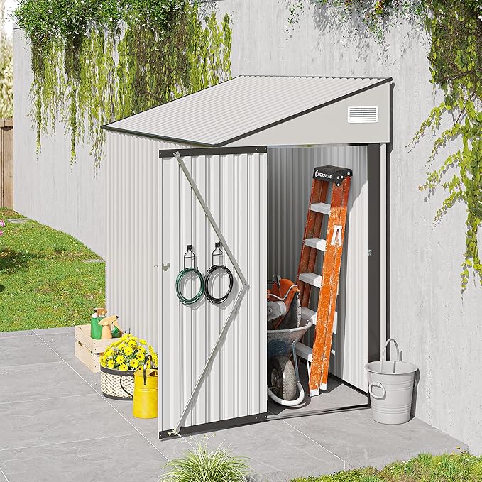 YOPTO 4x8 FT Outdoor Metal Storage Shed,Waterproof Lean to Tool Sheds,Heavy-Duty Unit with Single Hinge Side Door and Ventilation Windows,Weather Resistant,for Backyard,Patio,Lawn,White
