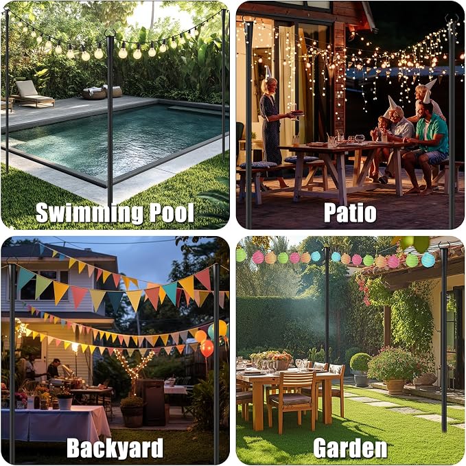 10Ft String Light Poles 4 Pack for Outside, Metal Outdoor Light Poles with 5 Prongs for Garden Patio Backyard Deck, Fence Bracket Hanging Light for Party Wedding Decor