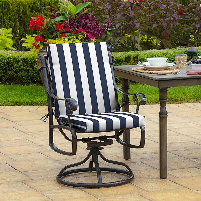 Arden 2-Pack Outdoor Patio Dining Chair Cushion, 20x44, Rain-Proof Seat Pad, Fade-Resistant Outdoor Cushion Sapphire Blue Cabana Stripe