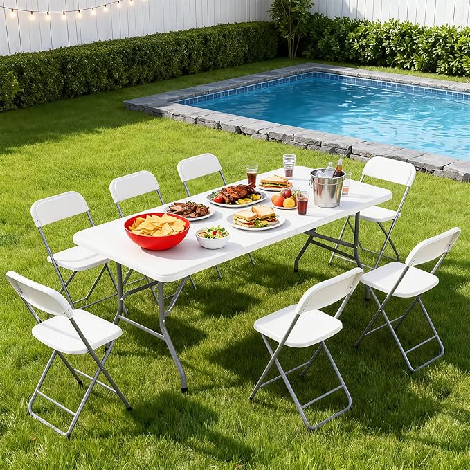 BestOffice 6 FT Picnic Table, Portable Plastic Folding Table with Carrying Handle Perfect for Picnics, Parties, Party and Camping, White