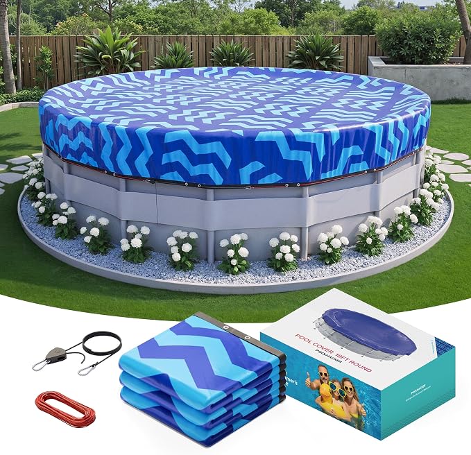 POOLHACKER【2025 Upgrade】 15 ft Winter Pool Cover - 15ft Round Above Ground, 4 Foot Overlap Extra Thick 420D Pool Cover with Pulley and Cable (Cerulean)