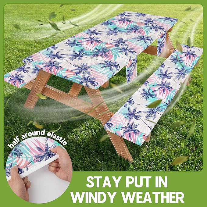 Picnic Table Cover with Bench Covers Waterproof Fitted Table Cloth Tablecover Camp Camper Camping Essentials Outdoor Beach Summer River Water Motorhome Trailer Road Trip Tent Rv Car Travel Activities